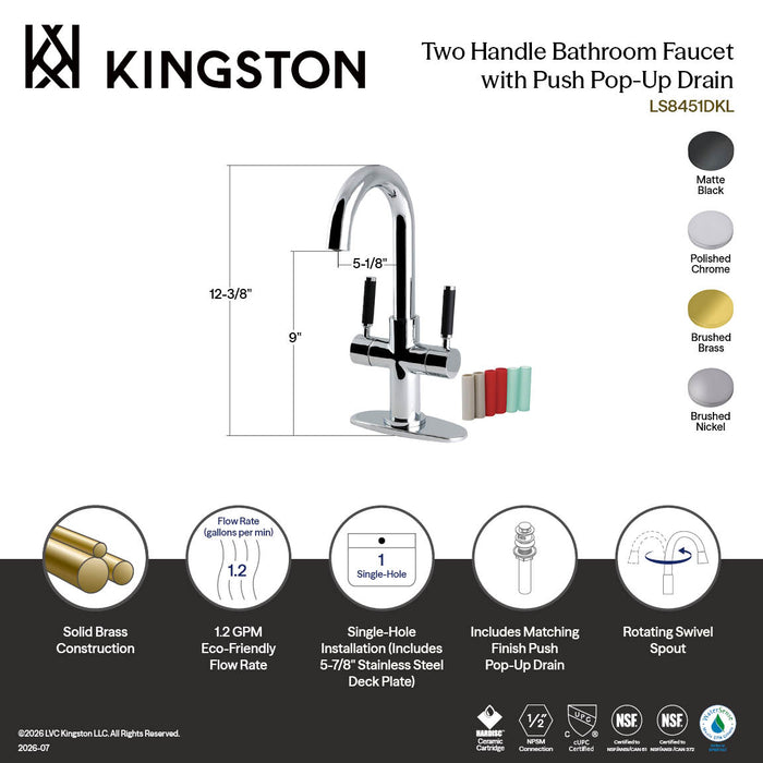 Kingston Kaiser LS8451DKL Two-Handle 1-Hole Bathroom Faucet with Deck Plate and Push Pop-Up Drain, Polished Chrome