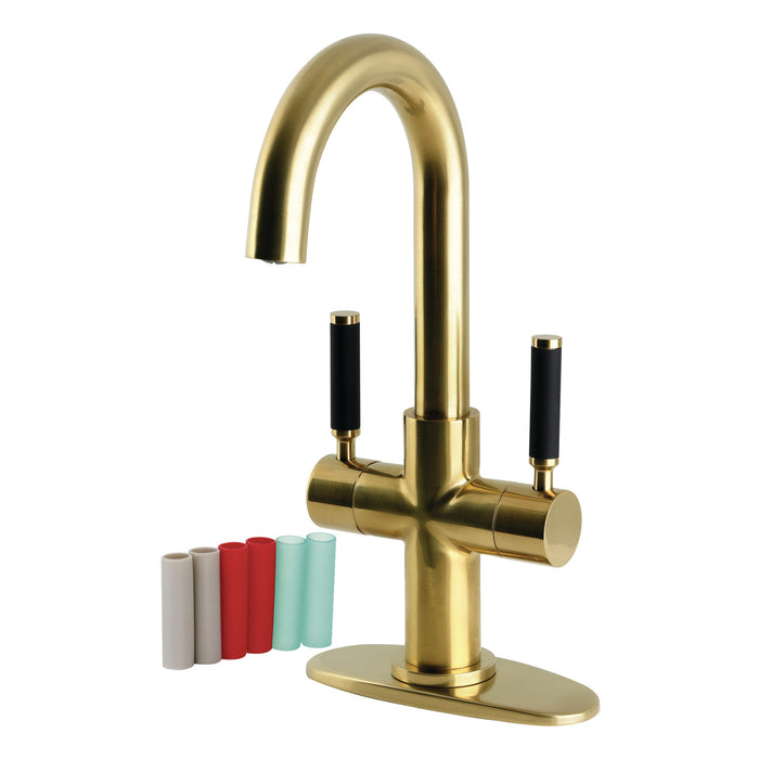 Kingston Kaiser LS8453DKL Two-Handle 1-Hole Bathroom Faucet with Deck Plate and Push Pop-Up Drain, Brushed Brass