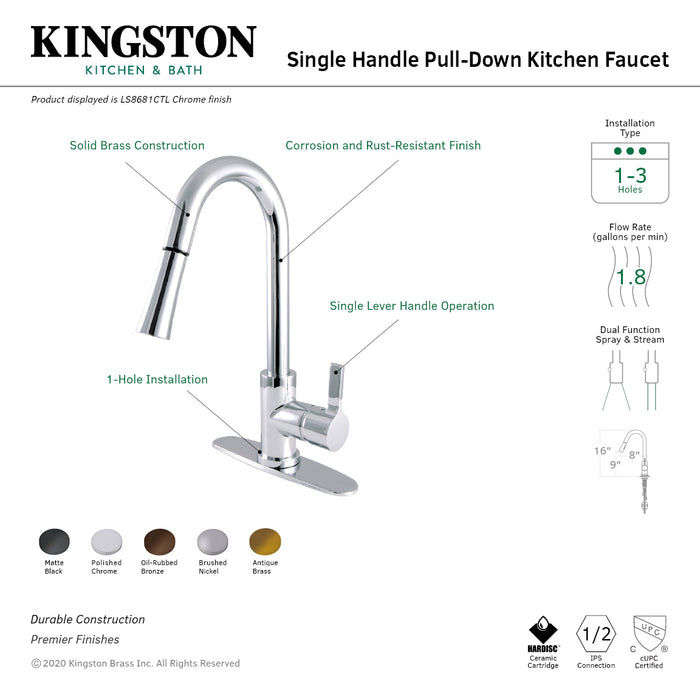 Kingston Sona LS8688CTL - Continental Single-Handle Pull-Down Kitchen Faucet, Brushed Nickel