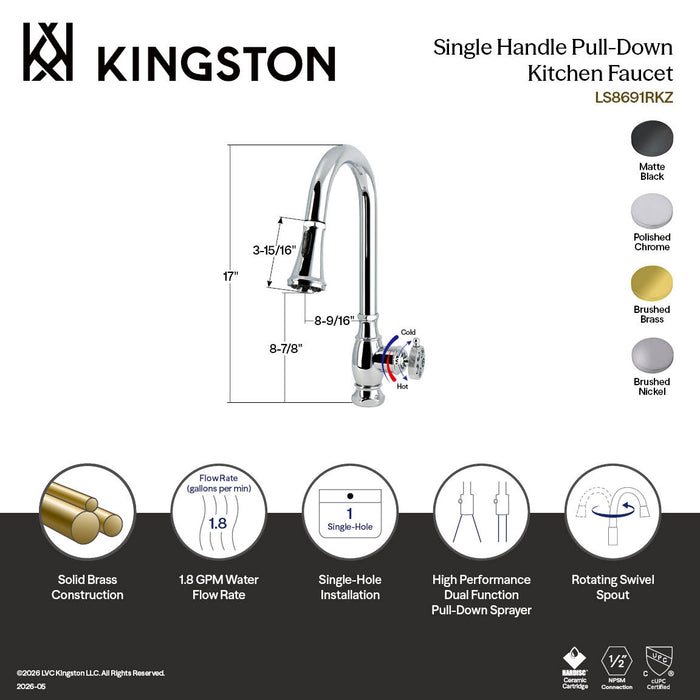 Kingston Wendell LS8691RKZ Single-Handle Pull-Down Kitchen Faucet, Polished Chrome