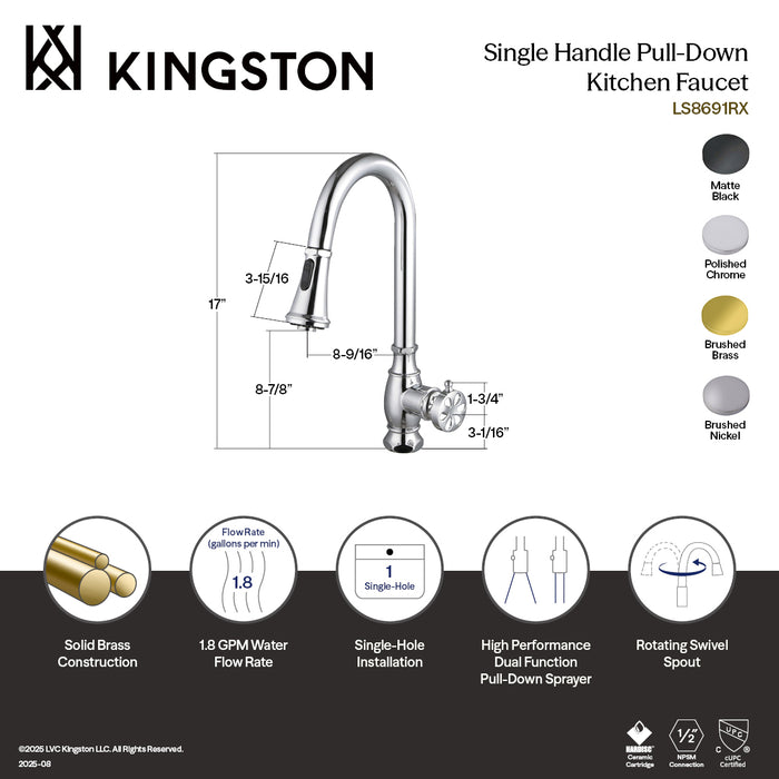 Kingston Sona LS8691RX - Belknap Single-Handle Pull-Down Kitchen Faucet, Polished Chrome