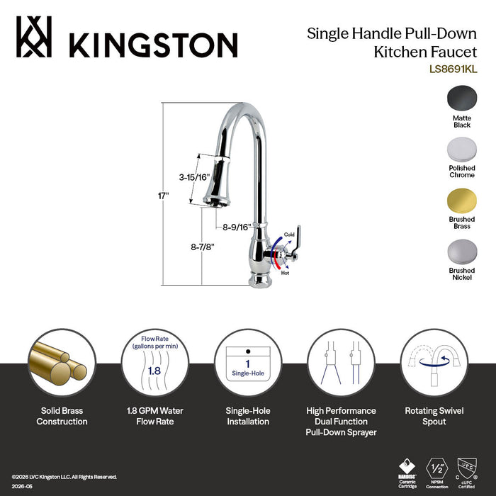 Kingston Whitaker LS8693KL Single-Handle Pull-Down Kitchen Faucet, Brushed Brass