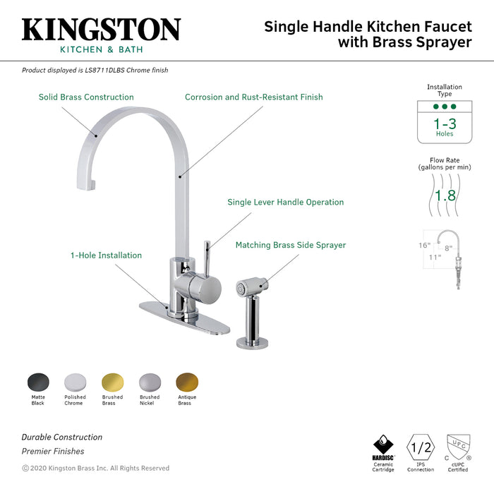 Kingston Sona LS8710DLBS - Concord Single-Handle 1-or-3 Hole Deck Mount Kitchen Faucet with Brass Side Sprayer, Matte Black