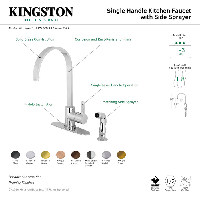Kingston Sona LS8711CTLSP - Continental Single-Handle 2-Hole Deck Mount Kitchen Faucet with Side Sprayer, Polished Chrome