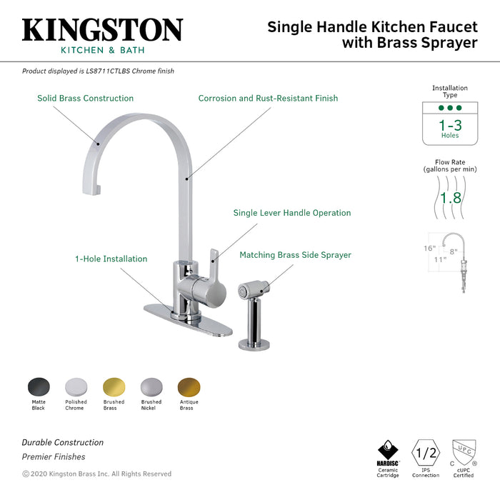 Kingston Sona LS8713CTLBS - Continental Single-Handle 1-or-3 Hole Deck Mount Kitchen Faucet with Brass Side Sprayer, Brushed Brass