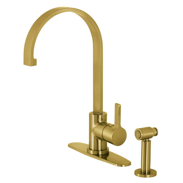 Kingston Sona LS8713CTLBS - Continental Single-Handle 1-or-3 Hole Deck Mount Kitchen Faucet with Brass Side Sprayer, Brushed Brass