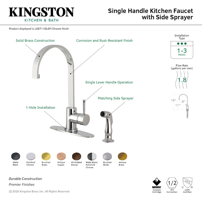 Kingston Sona LS8713DLSP - Concord Single-Handle 2-Hole Deck Mount Kitchen Faucet with Side Sprayer, Brushed Brass