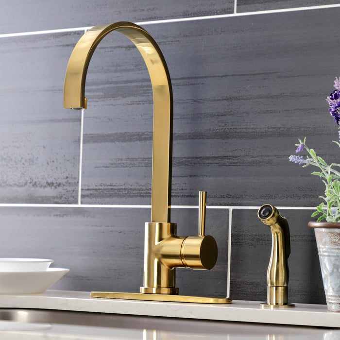 Kingston Sona LS8713DLSP - Concord Single-Handle 2-Hole Deck Mount Kitchen Faucet with Side Sprayer, Brushed Brass