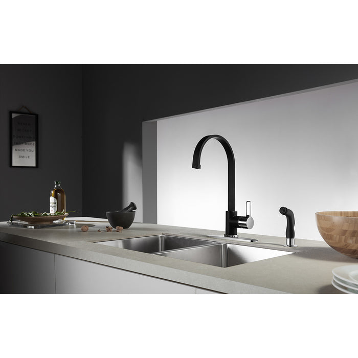 Kingston Sona LS8717CTLSP - Continental Single-Handle 2-Hole Deck Mount Kitchen Faucet with Side Sprayer, Matte Black/Polished Chrome