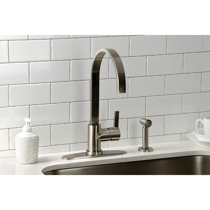 Kingston Sona LS8718CTLBS - Continental Single-Handle 1-or-3 Hole Deck Mount Kitchen Faucet with Brass Side Sprayer, Brushed Nickel