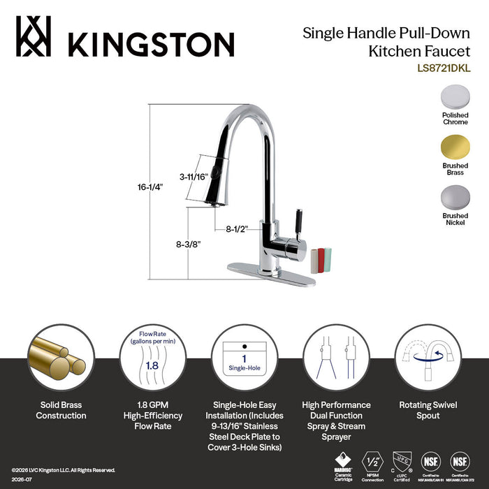 Kingston Kaiser LS8728DKL Single-Handle Pull-Down Kitchen Faucet, Brushed Nickel