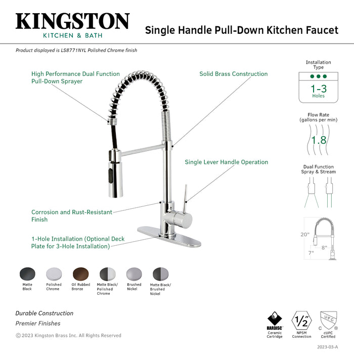 Kingston Sona LS8779NYL - New York Single-Handle 1-Hole Deck Mount Pre-Rinse Kitchen Faucet, Matte Black/Brushed Nickel