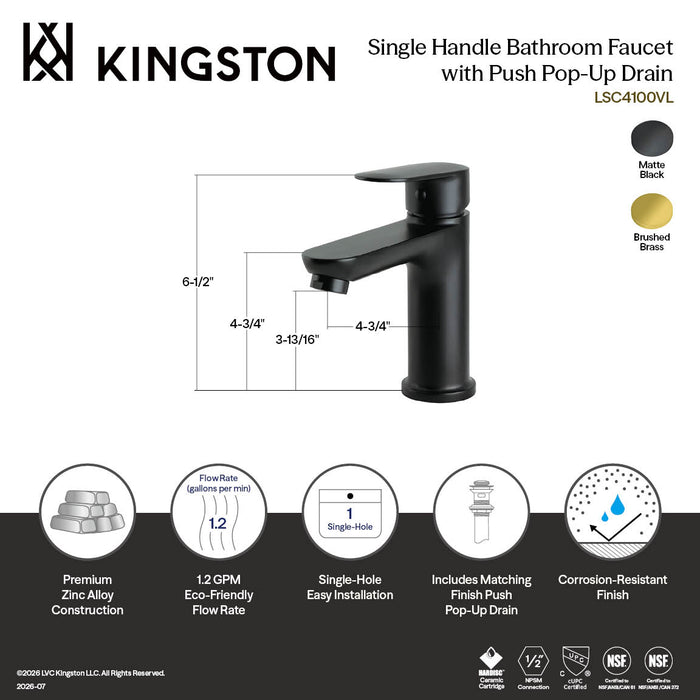 Kingston LSC4100VL Single-Handle Single-Hole Deck Mount Bathroom Faucet with Push Pop-Up, Matte Black
