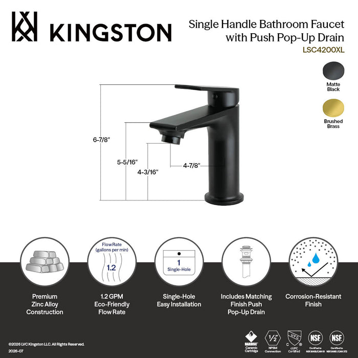 Kingston LSC4200XL Single-Handle Single-Hole Deck Mount Bathroom Faucet with Push Pop-Up, Matte Black