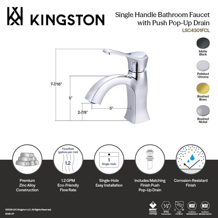Kingston LSC4300FCL One-Handle 1-Hole Bathroom Faucet with Push Pop-Up Drain, Matte Black