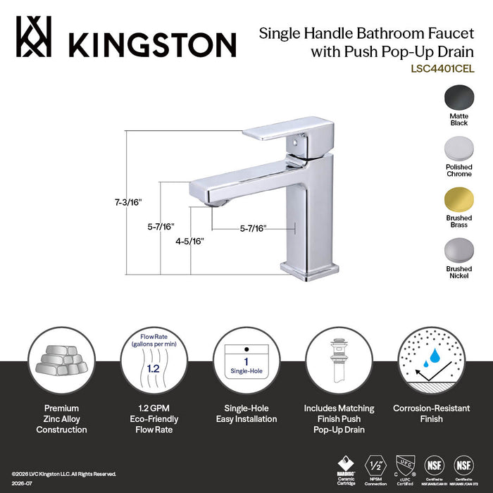 Kingston Tempo LSC4401CEL One-Handle 1-Hole Bathroom Faucet with Push Pop-Up Drain, Polished Chrome