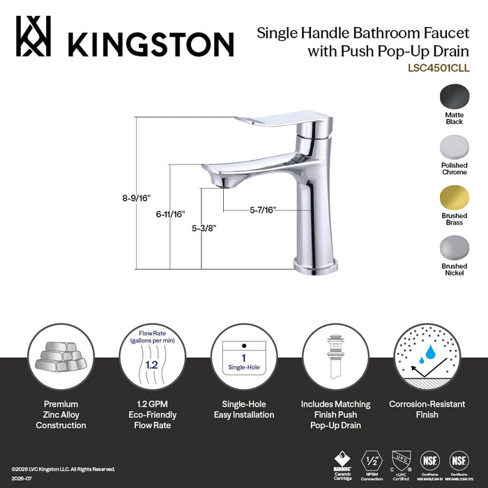 Kingston Lilt LSC4500CLL One-Handle 1-Hole Bathroom Faucet with Push Pop-Up Drain, Matte Black