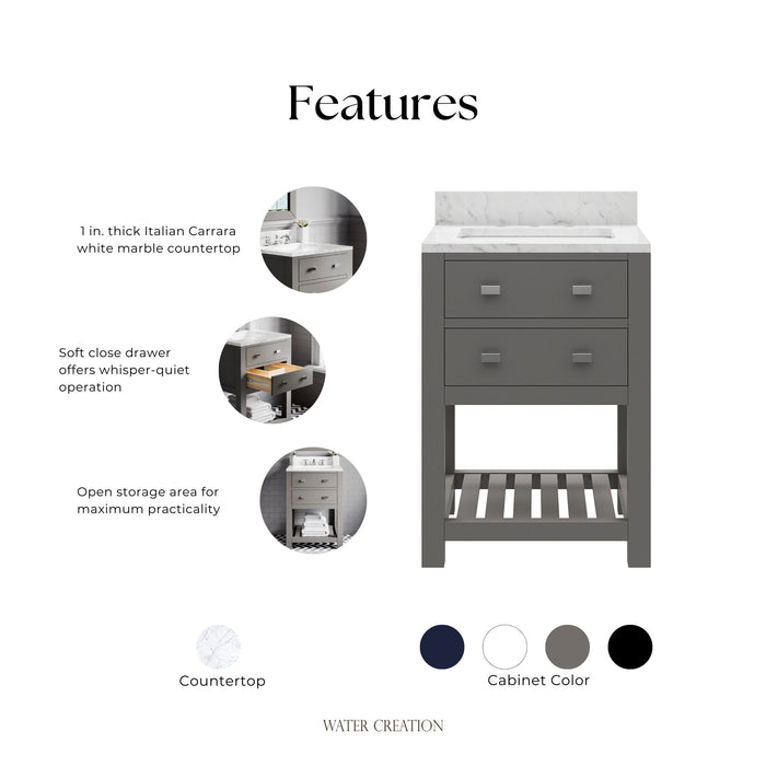 Kingston Madalyn MA24CW01CG - 24 in. x 21.5 in. Bathroom Vanity Carrara White Marble Top, Cashmere Grey