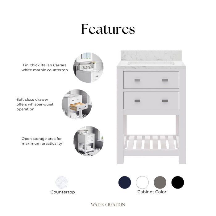 Kingston Madalyn MA24CW01PW - 24 in. x 21.5 in. Bathroom Vanity Carrara White Marble Top, Carrara White