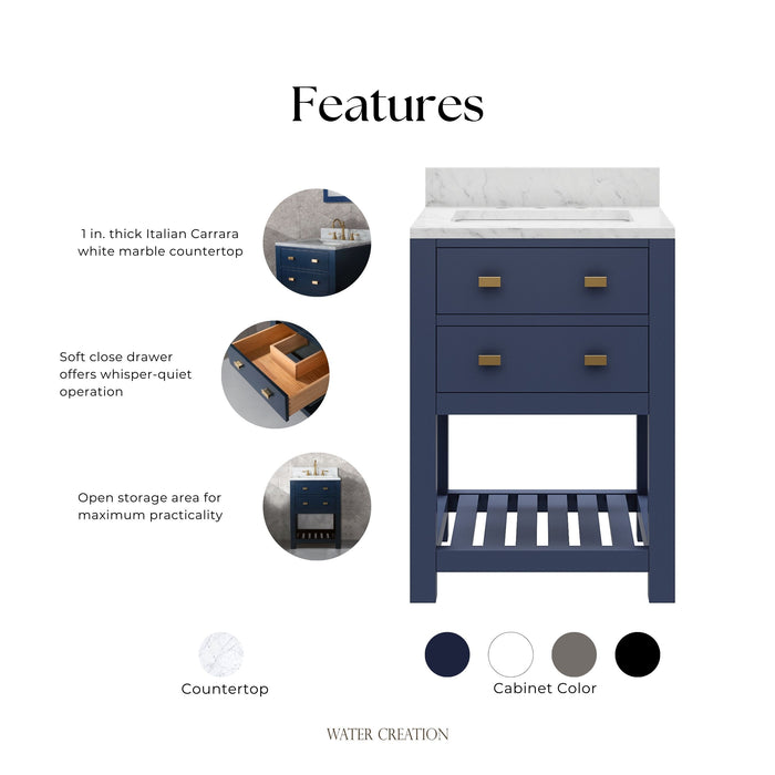 Kingston Madalyn MA24CW06MB - 24 in. x 21.5 in. Bathroom Vanity Carrara White Marble Top and White Basin, Monarch Blue
