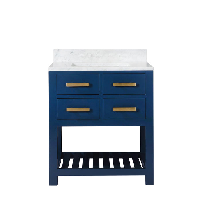Kingston Madalyn MA30CW06MB - 30 in. x 21.5 in. Bathroom Vanity Carrara White Marble Top and White Basin, Monarch Blue