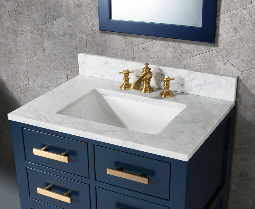 Kingston Madalyn MA30CW06MB - 30 in. x 21.5 in. Bathroom Vanity Carrara White Marble Top and White Basin, Monarch Blue