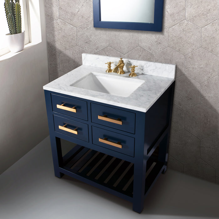 Kingston Madalyn MA30CW06MB - 30 in. x 21.5 in. Bathroom Vanity Carrara White Marble Top and White Basin, Monarch Blue
