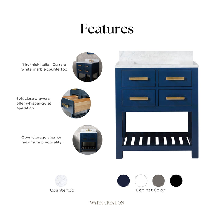 Kingston Madalyn MA30CW06MB - 30 in. x 21.5 in. Bathroom Vanity Carrara White Marble Top and White Basin, Monarch Blue