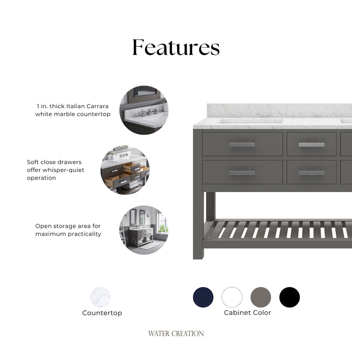 Kingston Madalyn MA60CW01CG - 60 in. x 21.5 in. Bathroom Vanity Carrara White Marble Top, Cashmere Grey