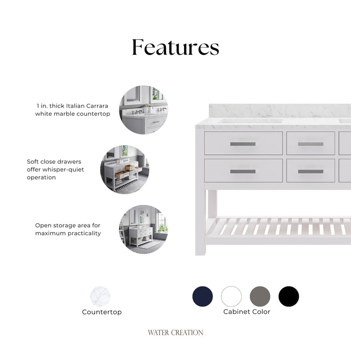 Kingston Madalyn MA60CW01PW - 60 in. x 21.5 in. Bathroom Vanity Carrara White Marble Top, Carrara White