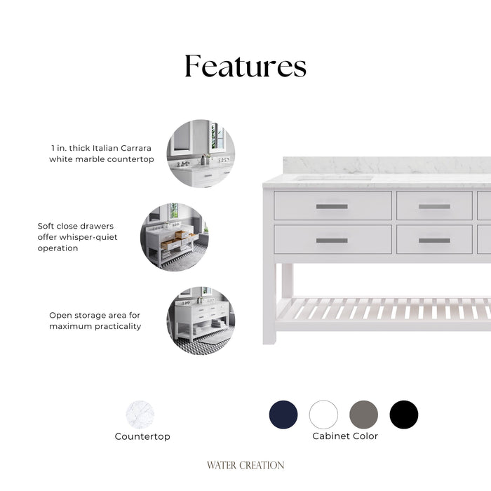 Kingston Madalyn MA72CW01PW - 72 in. x 21.5 in. Bathroom Vanity Carrara White Marble Top, Carrara White
