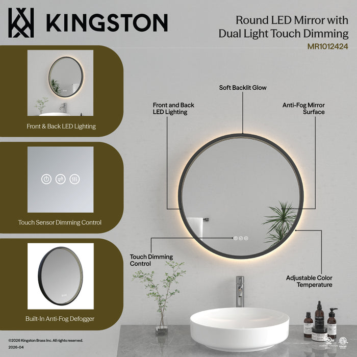 Kingston Aurora MR1012424 24-Inch Round LED Bathroom Mirror, Front and Back Light, Dimmable Touch Sensor Lighted Mirror, Silver/Gunmetal