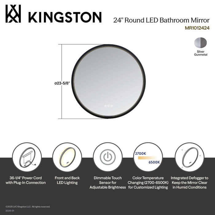Kingston Aurora MR1012424 24-Inch Round LED Bathroom Mirror, Front and Back Light, Dimmable Touch Sensor Lighted Mirror, Silver/Gunmetal