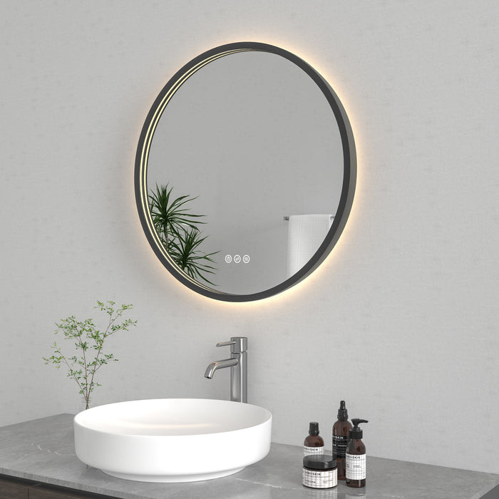 Kingston Aurora MR1012424 24-Inch Round LED Bathroom Mirror, Front and Back Light, Dimmable Touch Sensor Lighted Mirror, Silver/Gunmetal