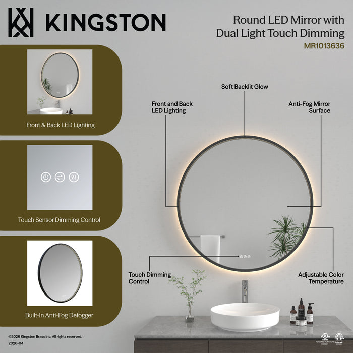 Kingston Aurora MR1013636 36-Inch Round LED Bathroom Mirror, Front and Back Light, Dimmable Touch Sensor Lighted Mirror, Silver/Gunmetal