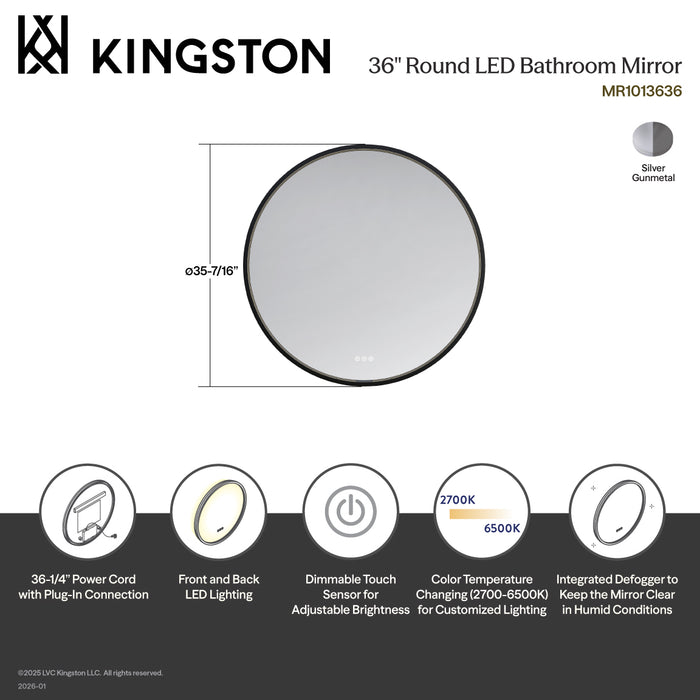 Kingston Aurora MR1013636 36-Inch Round LED Bathroom Mirror, Front and Back Light, Dimmable Touch Sensor Lighted Mirror, Silver/Gunmetal