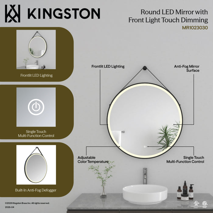 Kingston Aurora MR1023030 30-Inch Round LED Bathroom Mirror, Front Light, Anti-Fog, Dimmable Touch Sensor Lighted Mirror, Silver/Matte Black