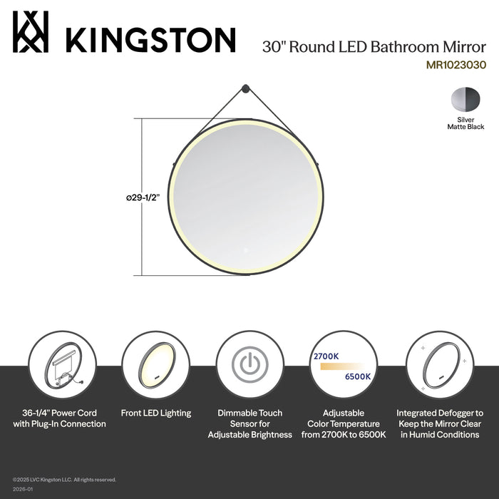 Kingston Aurora MR1023030 30-Inch Round LED Bathroom Mirror, Front Light, Anti-Fog, Dimmable Touch Sensor Lighted Mirror, Silver/Matte Black