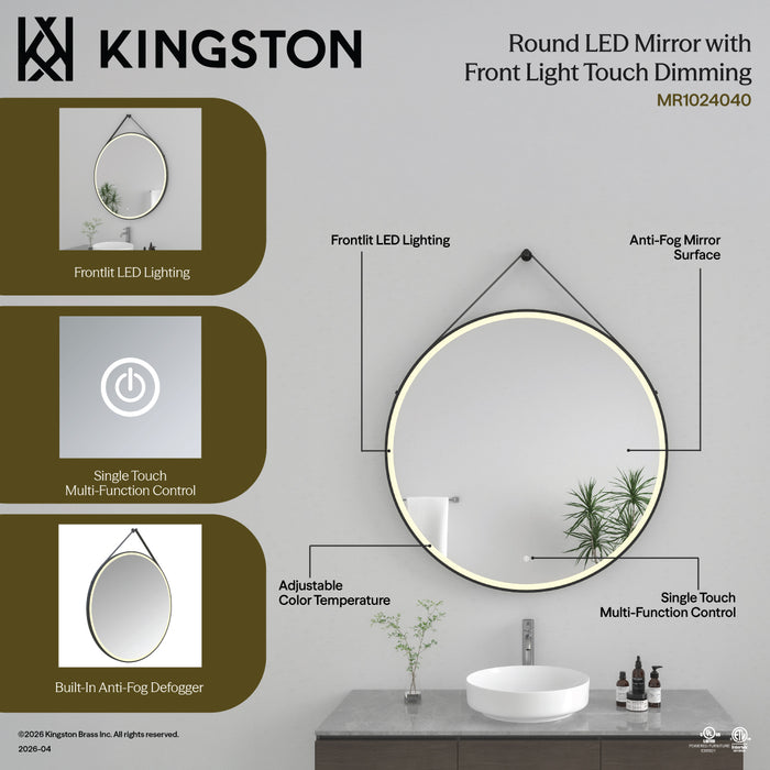 Kingston Aurora MR1024040 40-Inch Round LED Bathroom Mirror, Front Light, Anti-Fog, Dimmable Touch Sensor Lighted Mirror, Silver/Matte Black