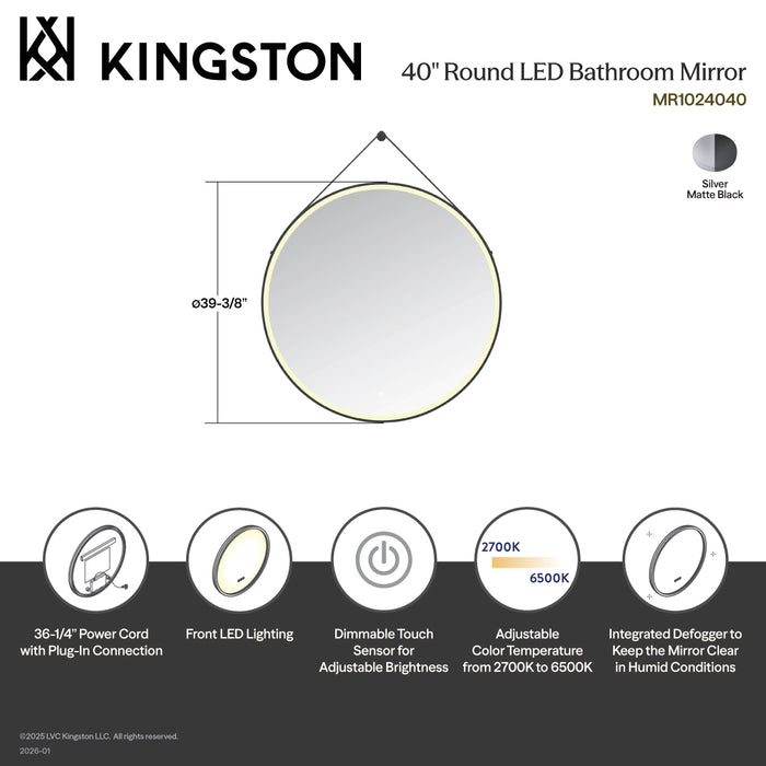 Kingston Aurora MR1024040 40-Inch Round LED Bathroom Mirror, Front Light, Anti-Fog, Dimmable Touch Sensor Lighted Mirror, Silver/Matte Black