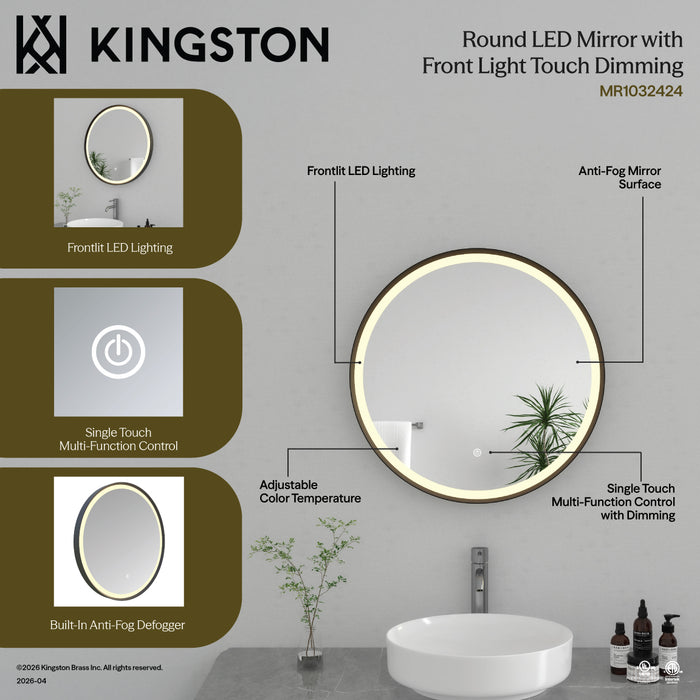 Kingston Aurora MR1032424 24-Inch Round LED Bathroom Mirror, Front Light, Anti-Fog, Dimmable Touch Sensor Lighted Mirror, Silver/Nickel