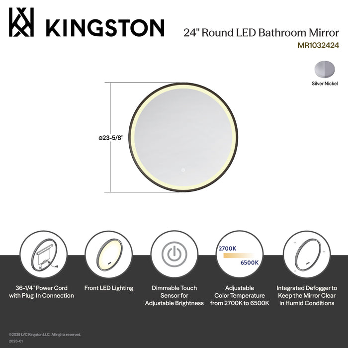 Kingston Aurora MR1032424 24-Inch Round LED Bathroom Mirror, Front Light, Anti-Fog, Dimmable Touch Sensor Lighted Mirror, Silver/Nickel