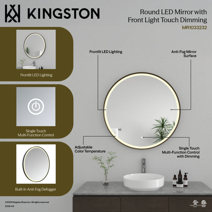 Kingston Aurora MR1033232 32-Inch Round LED Bathroom Mirror, Front Light, Anti-Fog, Dimmable Touch Sensor Lighted Mirror, Silver/Nickel
