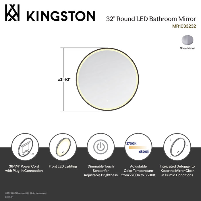 Kingston Aurora MR1033232 32-Inch Round LED Bathroom Mirror, Front Light, Anti-Fog, Dimmable Touch Sensor Lighted Mirror, Silver/Nickel