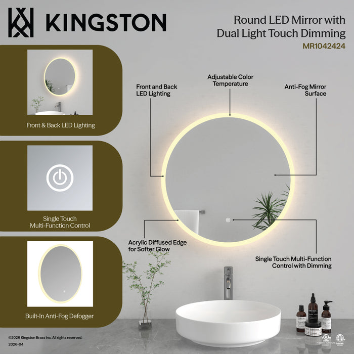 Kingston Aurora MR1042424 24-Inch Round LED Bathroom Mirror, Front and Back Light, Anti-Fog, Dimmable Touch Sensor Lighted Mirror, Silver