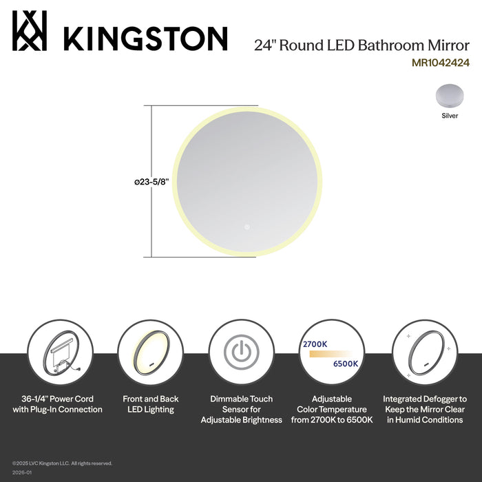 Kingston Aurora MR1042424 24-Inch Round LED Bathroom Mirror, Front and Back Light, Anti-Fog, Dimmable Touch Sensor Lighted Mirror, Silver