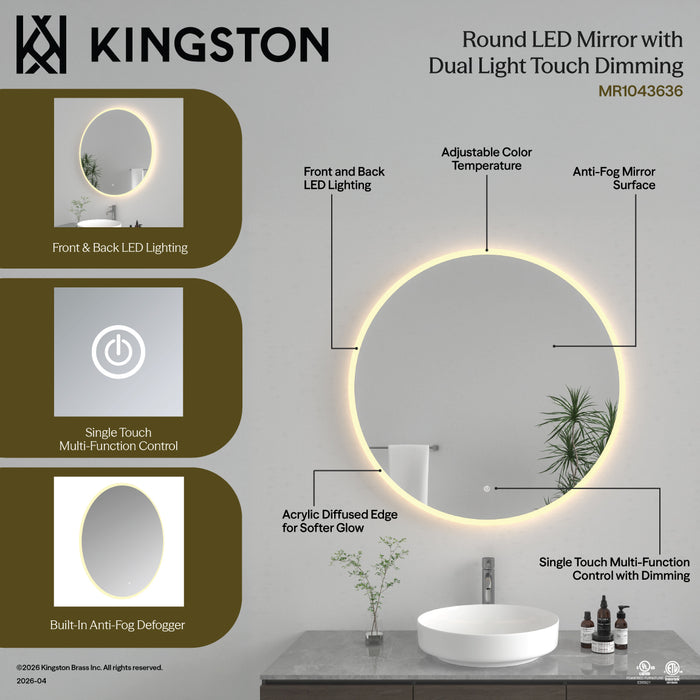 Kingston Aurora MR1043636 36-Inch Round LED Bathroom Mirror, Front and Back Light, Anti-Fog, Dimmable Touch Sensor Lighted Mirror, Silver