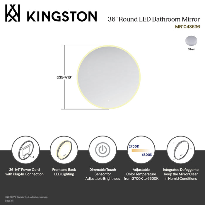 Kingston Aurora MR1043636 36-Inch Round LED Bathroom Mirror, Front and Back Light, Anti-Fog, Dimmable Touch Sensor Lighted Mirror, Silver