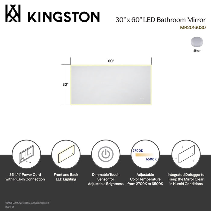 Kingston Aurora MR2016030 30-Inch x 60-Inch LED Bathroom Mirror, Front and Back Light, Anti-Fog, Dimmable Touch Sensor Lighted Mirror, Silver