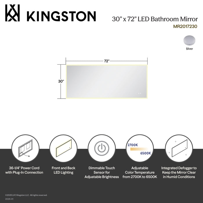 Kingston Aurora MR2017230 30-Inch x 72-Inch LED Bathroom Mirror, Front and Back Light, Anti-Fog, Dimmable Touch Sensor Lighted Mirror, Silver
